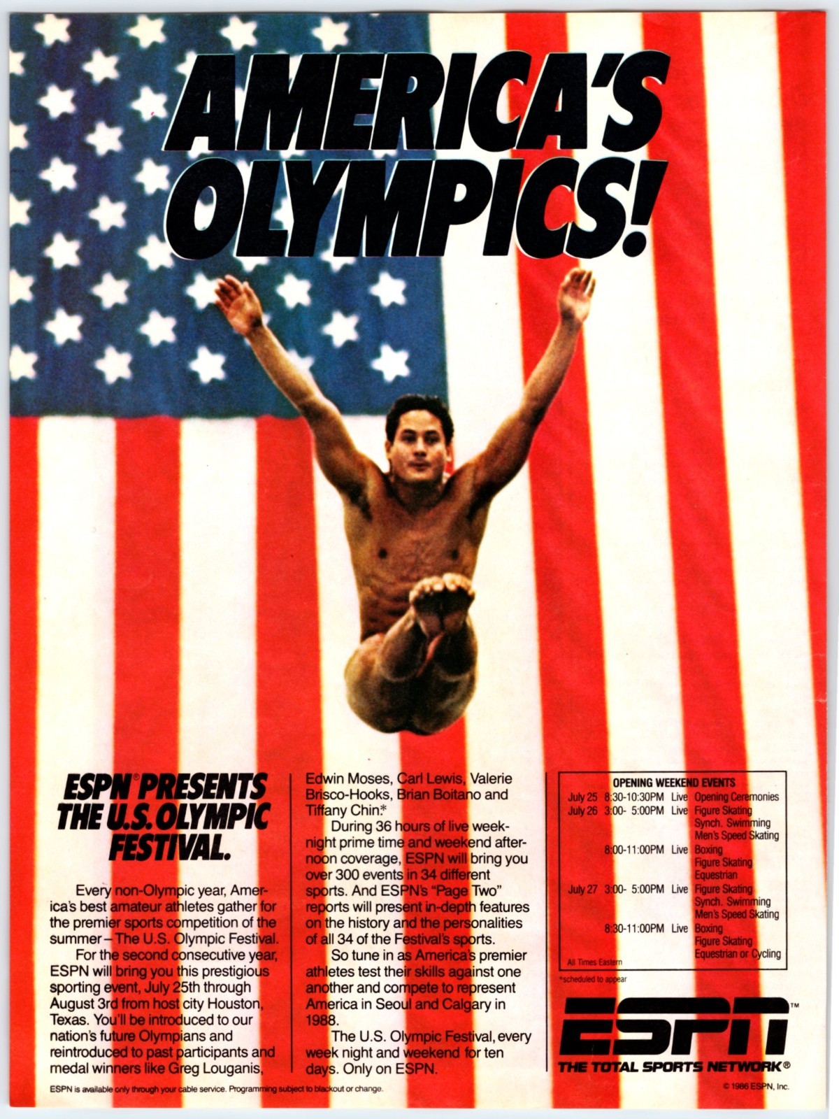 1986 GREG LOUGANIS AMERICAN FLAG ESPN Vintage 8″X11″ Magazine Ad 1980’s JUN-9