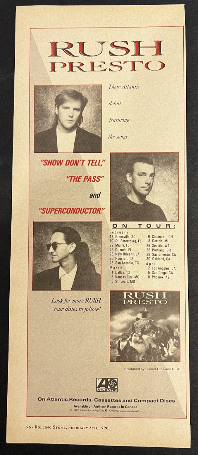 Vtg 1990s AD-RUSH Presto Album Promo-Their Atlantic Debut-Geddy Lee-Neil Peart