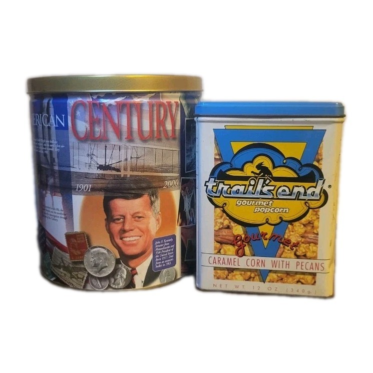 TWO 80s 90s Vintage Trail’s End Popcorn Tins Boy Scouts American Century JFK