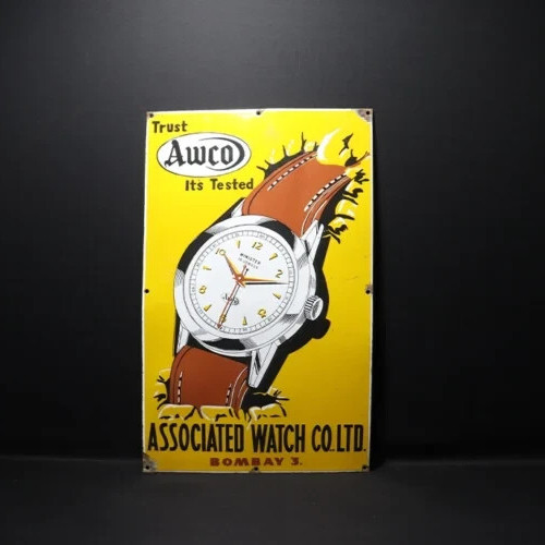 VINTAGE ORIGINAL PORCELAIN ENAMEL SIGN AWCO WATCH CO LTD WRISTWATCH BOMBAY 1950