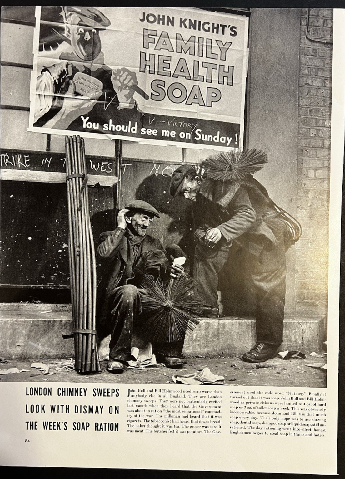 Vtg 1940s Full Page Photo-WWII Era London Chimney Sweeps-Dismay Soap Rationing