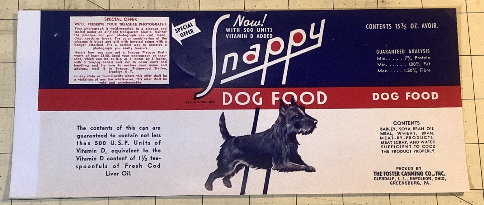 1950s Dog Food Labels Snappy Dog Food Foster Canning Napoleon Ohio INV-P1100