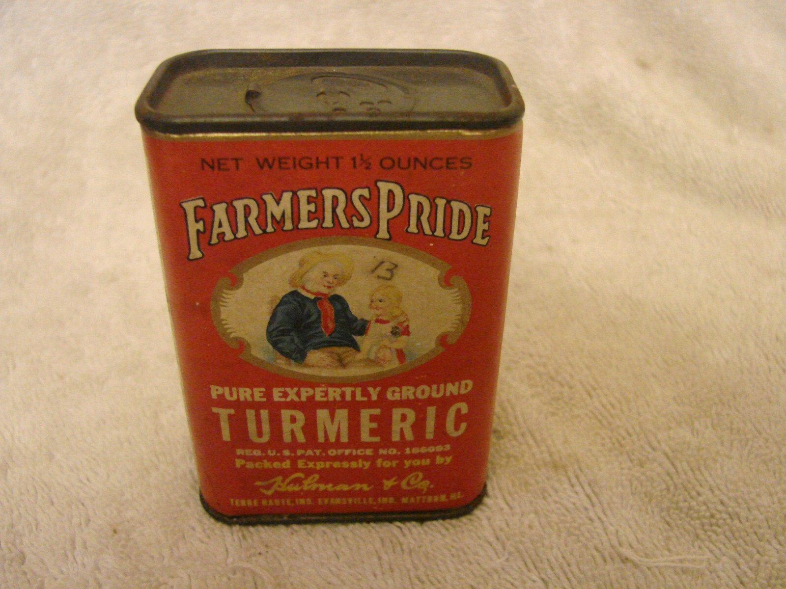 FARMERS PRIDE 1-1/2 OZ. SPICE TIN CAN TERRE HAUTE IND. & CONTENTS NICE VINTAGE