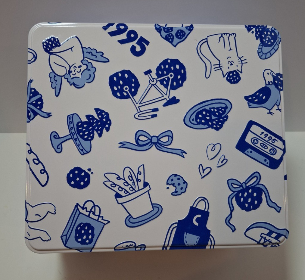 Levian Bakery Embossed Tin Container w/Lid 30th Anniversary Blue & White Empty