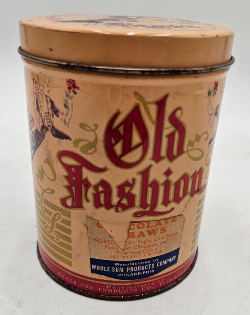 VTG Old Fashion candies Tin Chocolate Straws Paper Label Rusty Flowers Woman ‘46