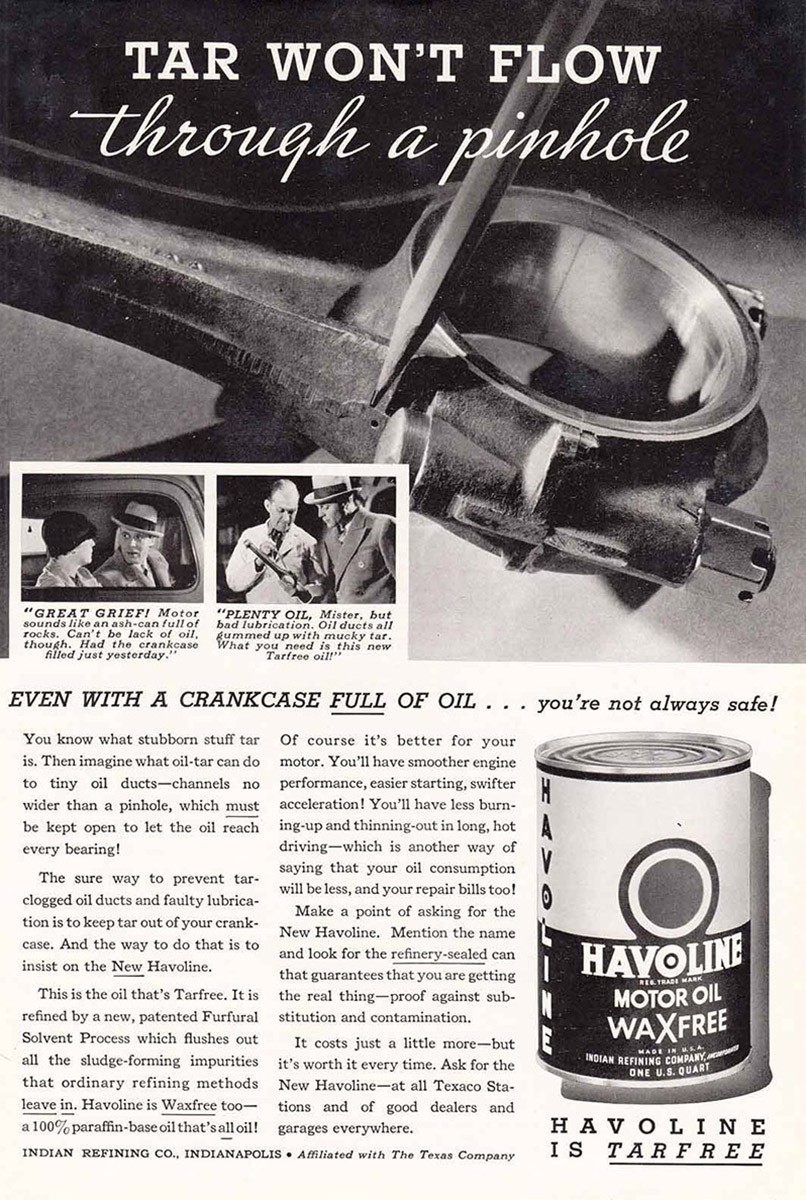 1935 Havoline Motor Oil: Tar, Pinhole Vintage Print Ad