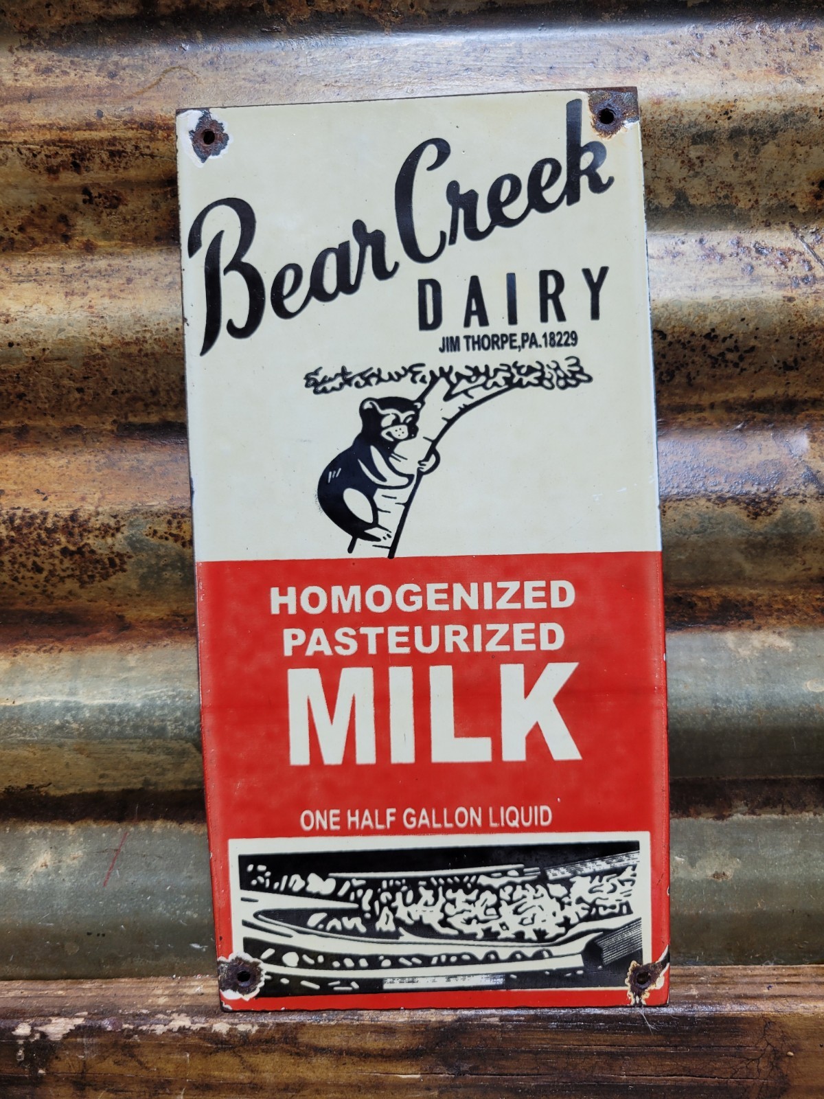 VINTAGE BEAR CREEK DAIRY PORCELAIN SIGN OLD MILK FARM CARTON COW FARMING CREAM