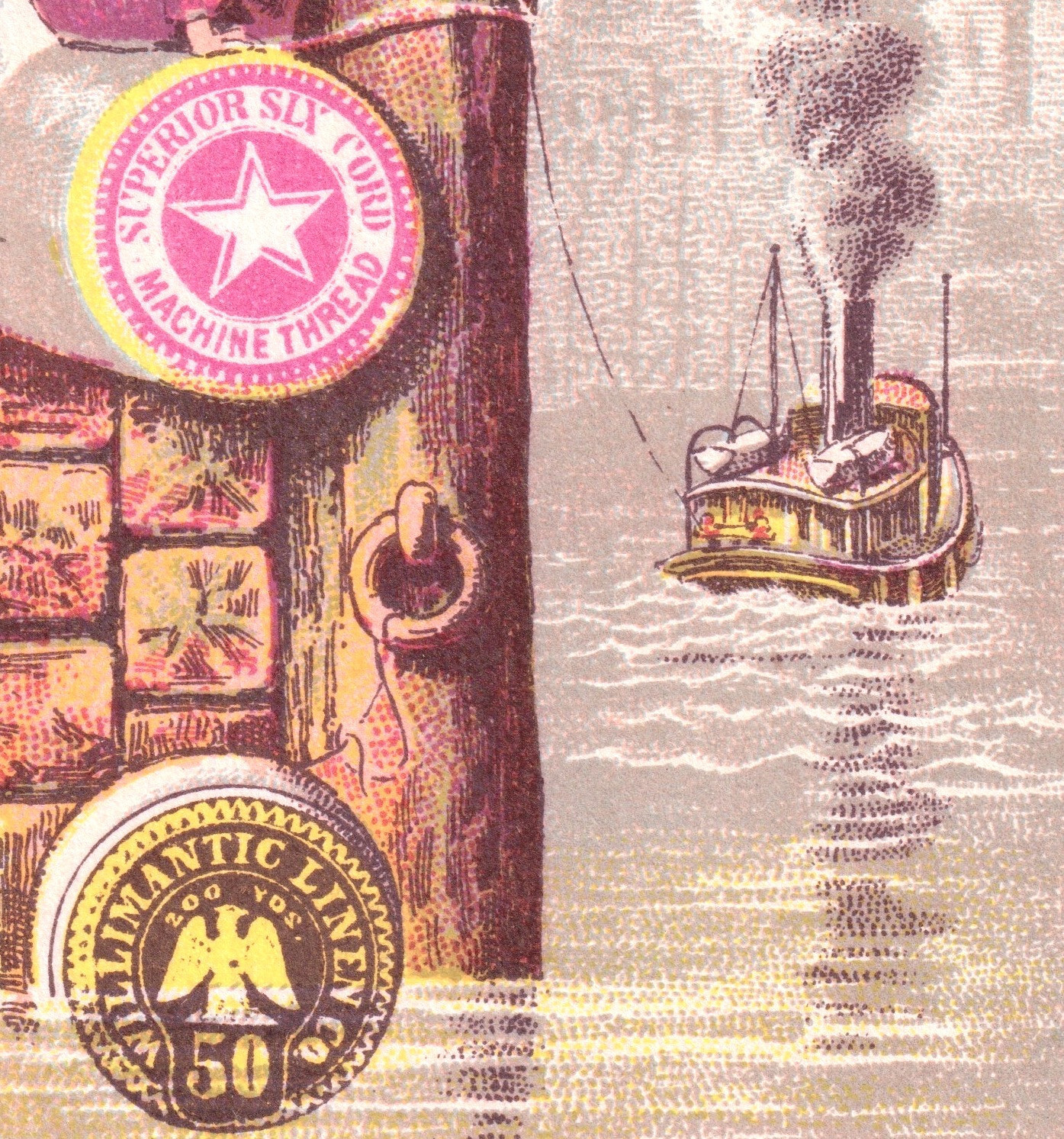 Willimantic Sewing Thread Linen Spool Ad Ship Dock Fantasy Victorian Trade Card