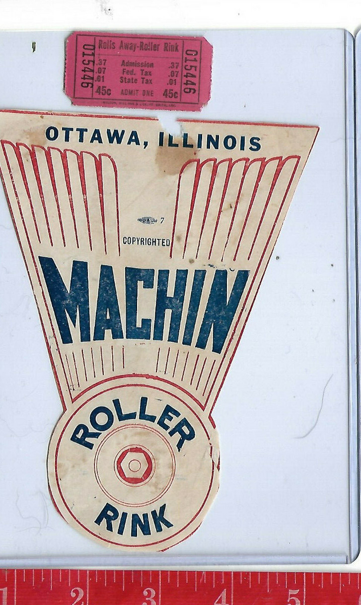 vintage lot roller rink decal Machin Ottawa Illinois & ticket