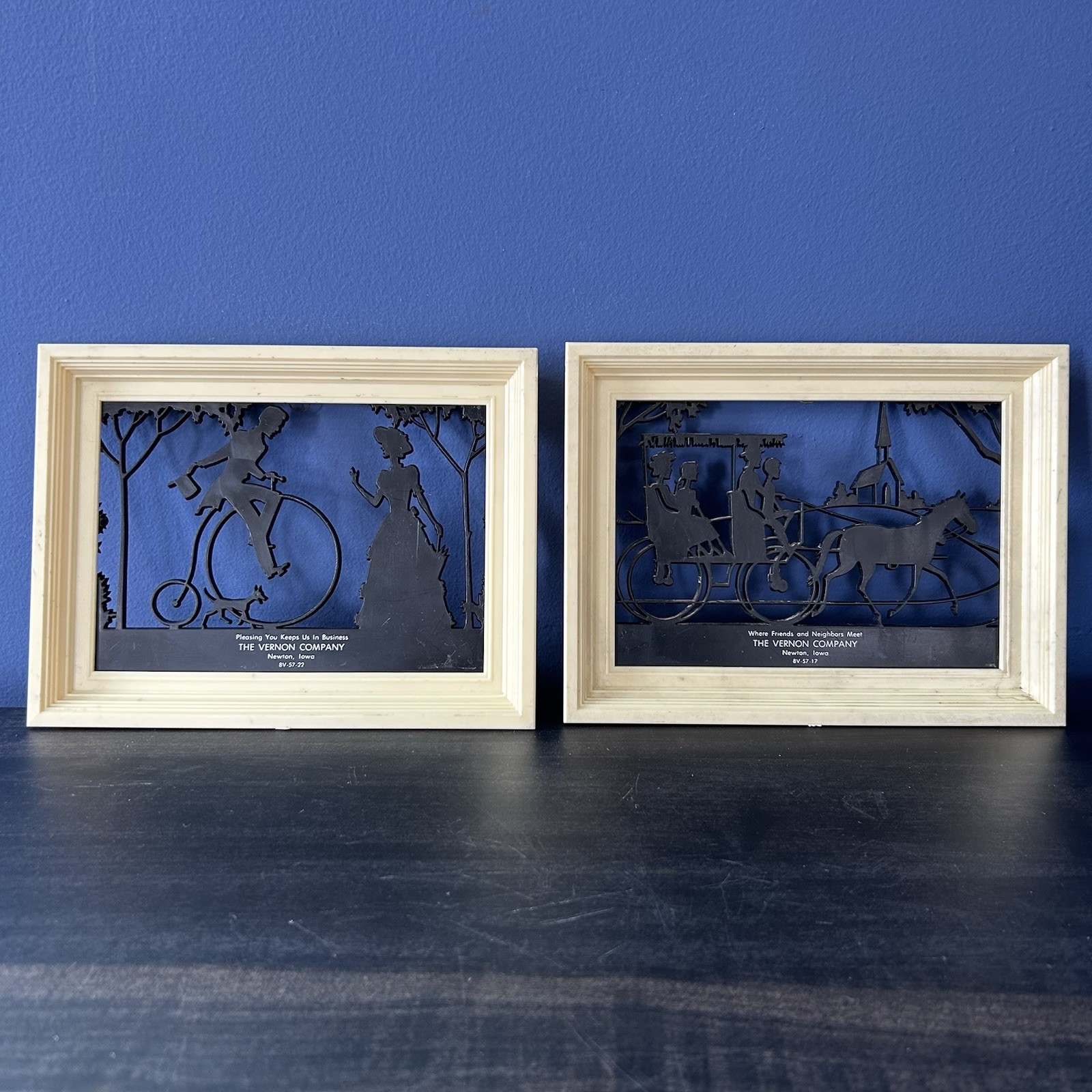 2 Vintage Framed Plastic Silhouettes The Vernon Co. Newton Iowa Advertising