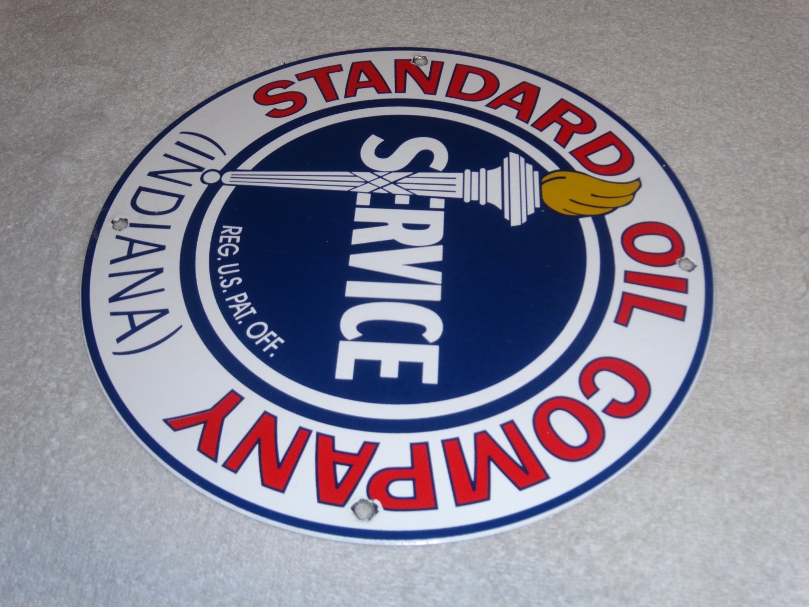 VINTAGE STANDARD OIL CO. GASOLINE SERVICE TORCH INDIANA 12″ PORCELAIN METAL SIGN