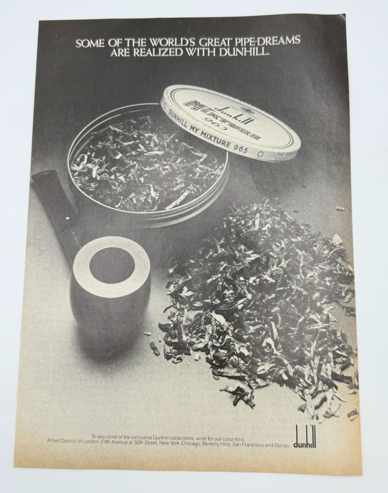Dunhill Pipe Tobacco Vintage Print Ad 1970s Smoking Tin Tobacciana