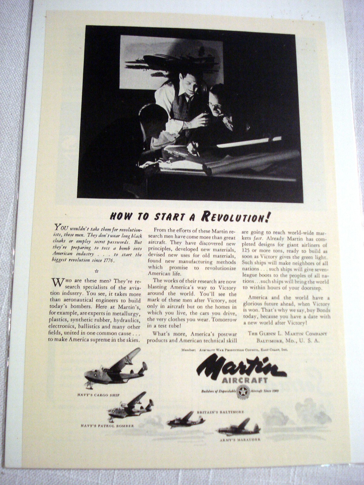 1943 WWII Ad Martin Aircraft How To Start a Revolution
