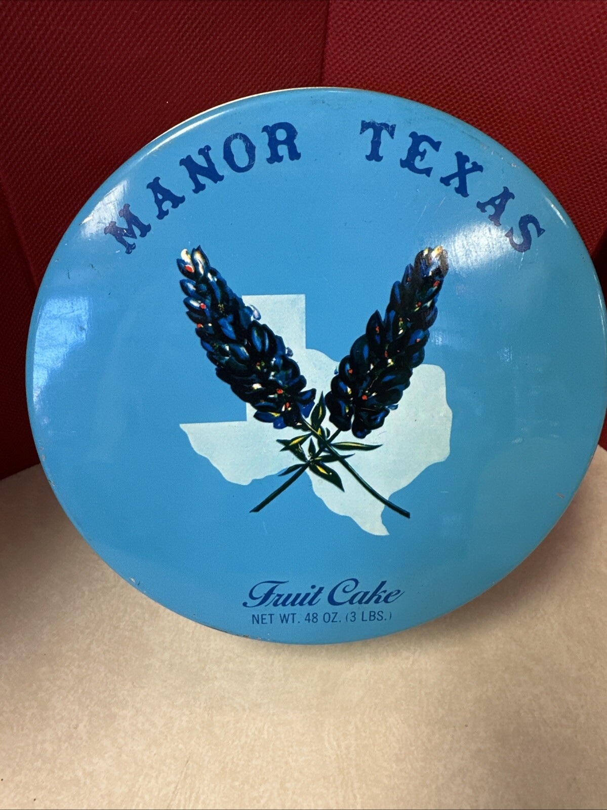 Vtg Manor History of Texas Blue Bonnet Collectible Fruit Cake Tin Empty 7″ Round