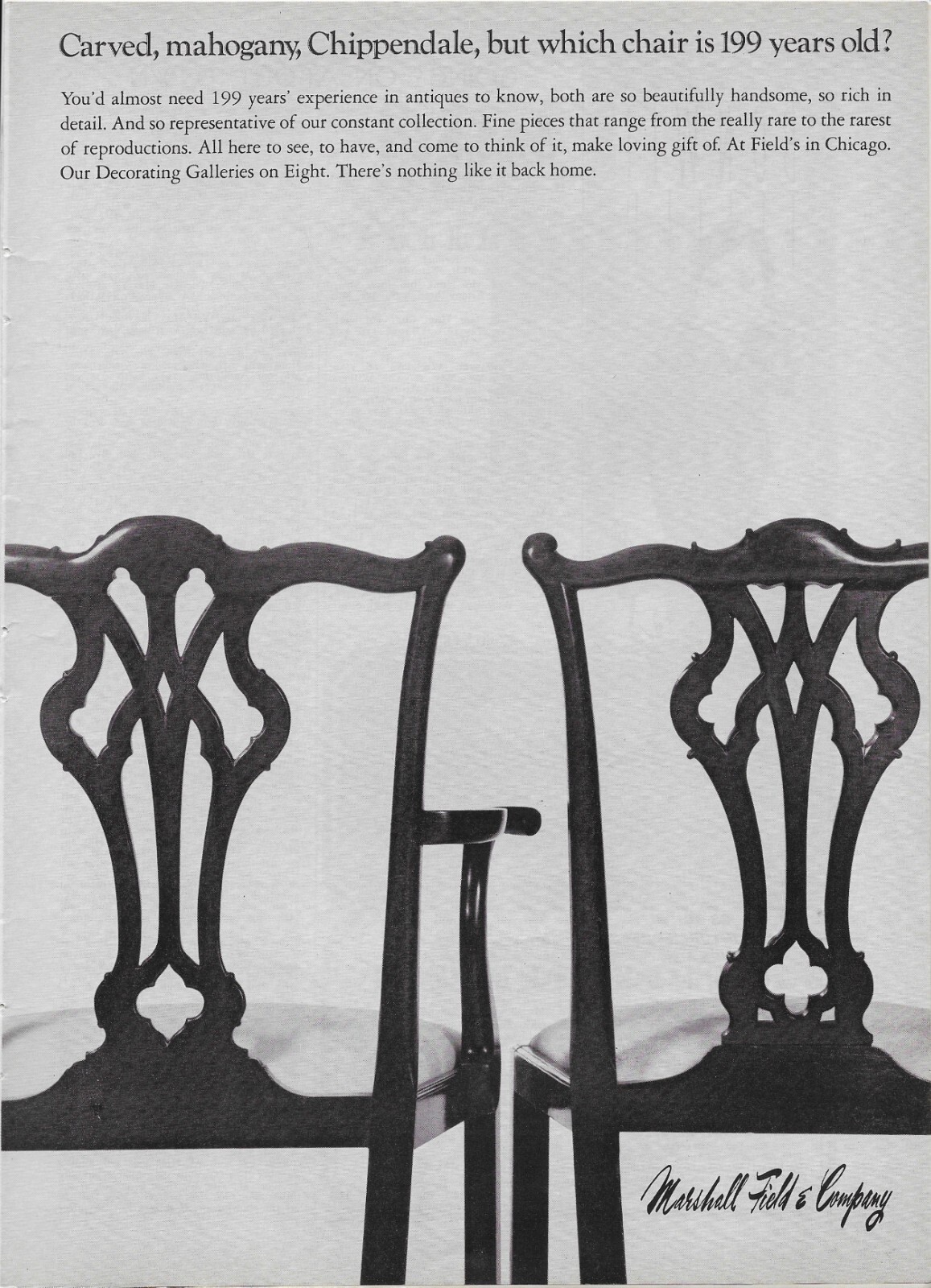 1969 Marshall Field & Co Carved Mahogany Chippendale Chair Vintage Print Ad