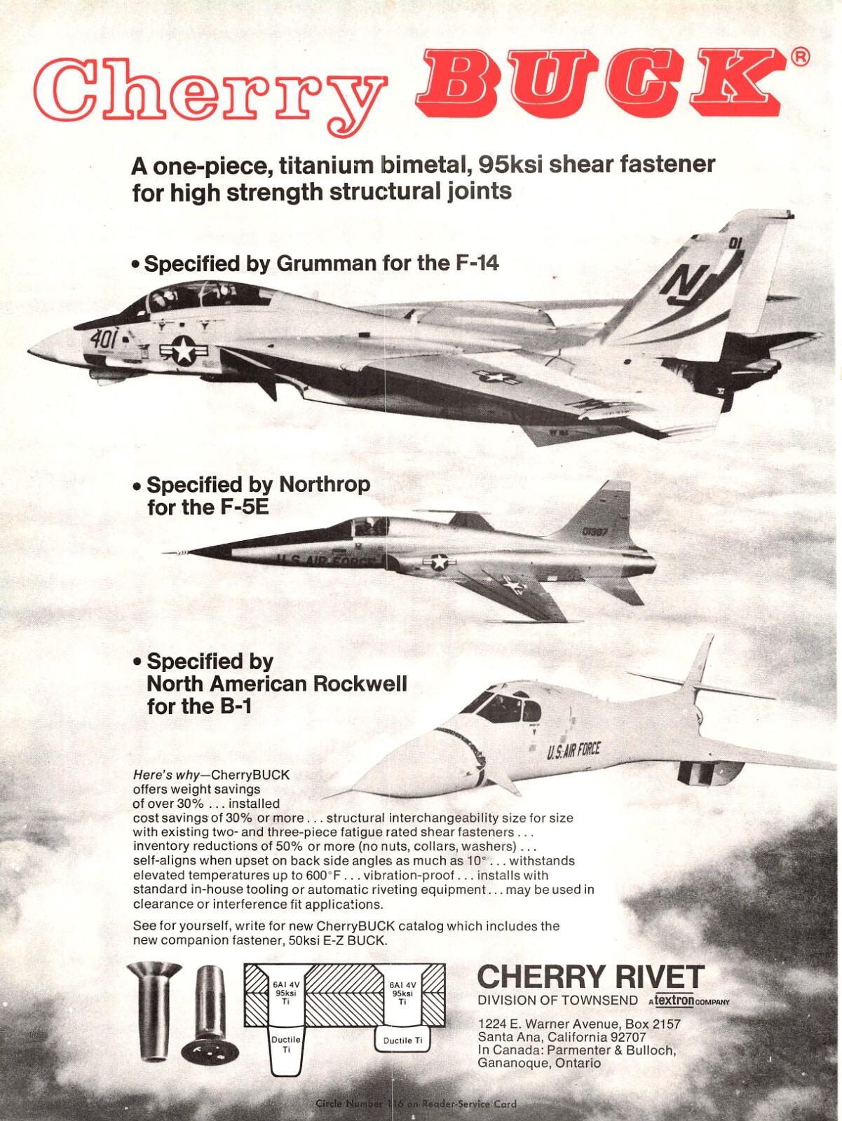 Cherry Buck F-14 F-5E B1 Cherry Rivet Division of Townsend Magazine Print Ad
