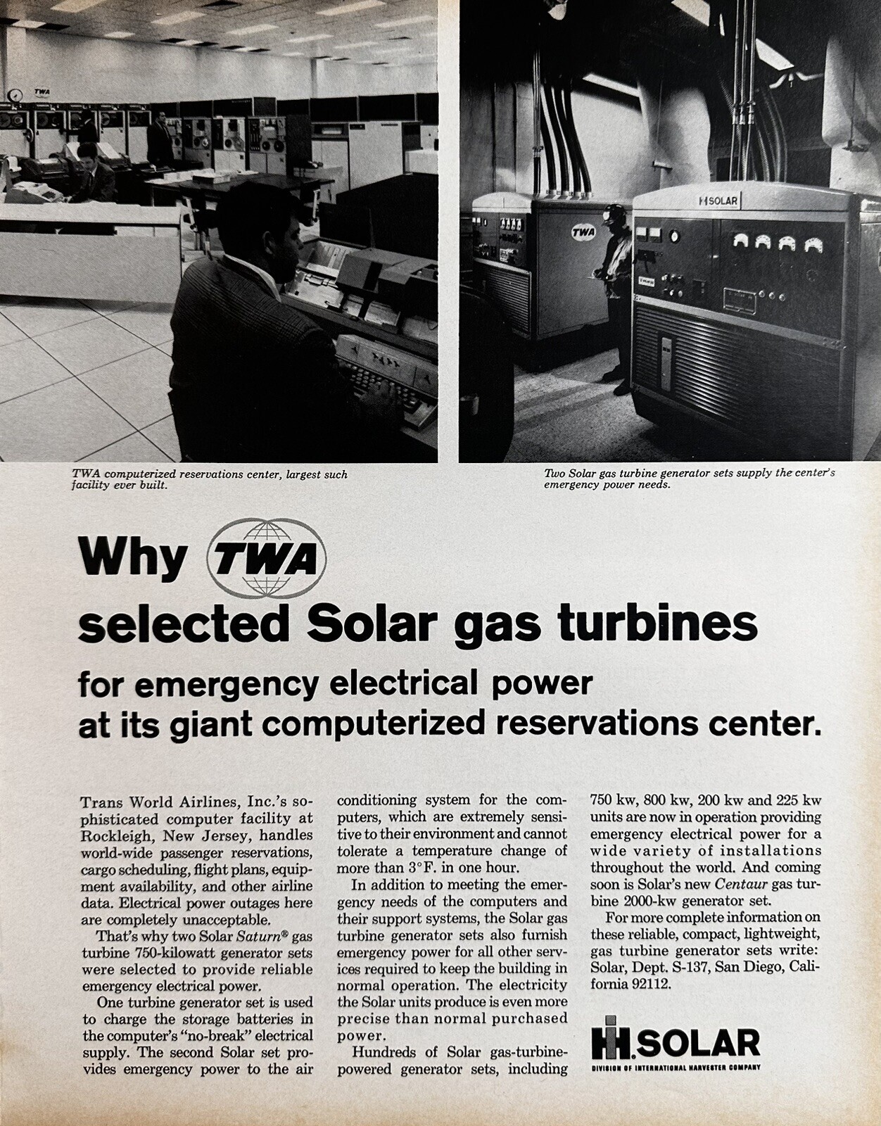 1970 TWA Solar Gas Turbines Vintage Print Ad, International Harvester Company