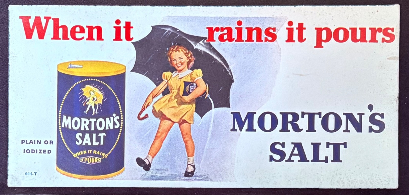 MORTON’S SALT ADVERTISING INK BLOTTER~GIRL & UMBRELLA~WHEN IT RAINS IT POURS