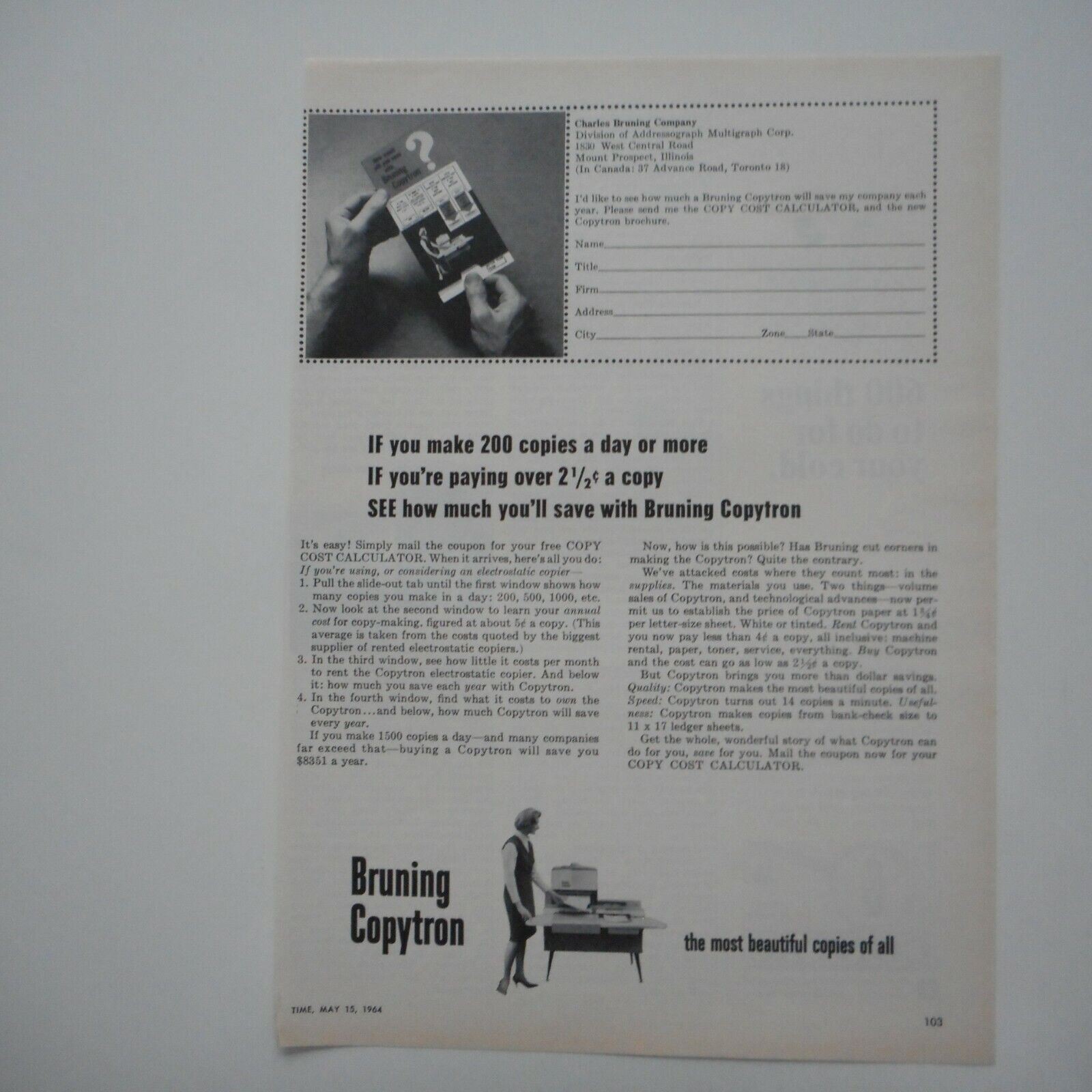 Copytron Copier Ad 1964 Bruning Office Equipment Vintage Magazine Print