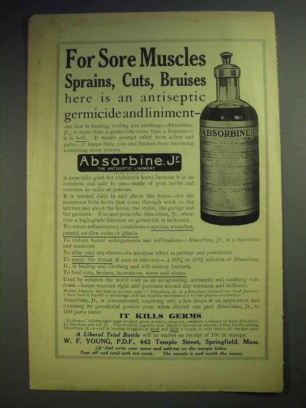 1914 Absorbine, Jr Liniment Ad – For Sore Muscles