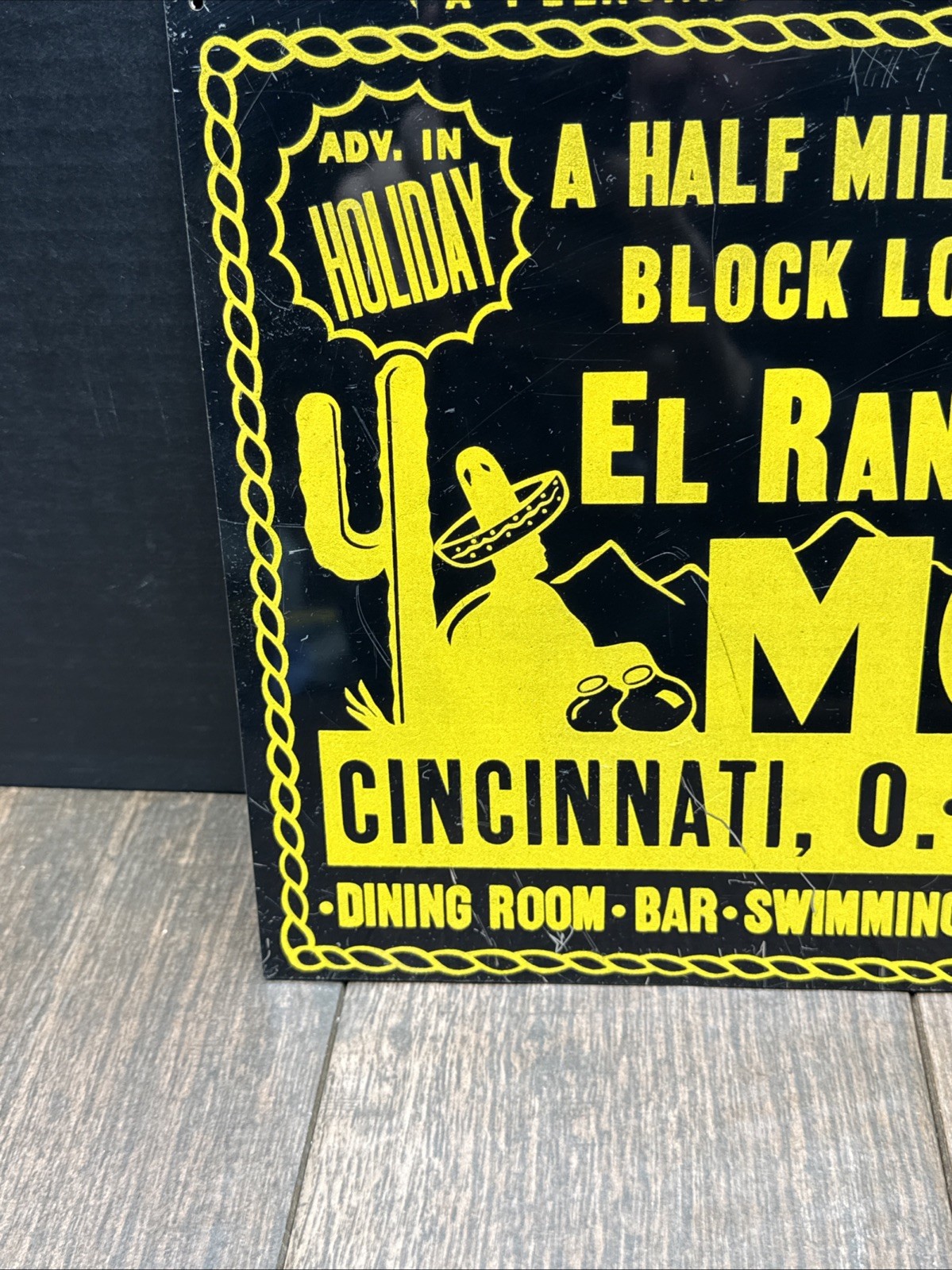 Vintage 1940s El Rancho Rankin Motel Metal Sign Cincinnati Ohio Route 125 EAST
