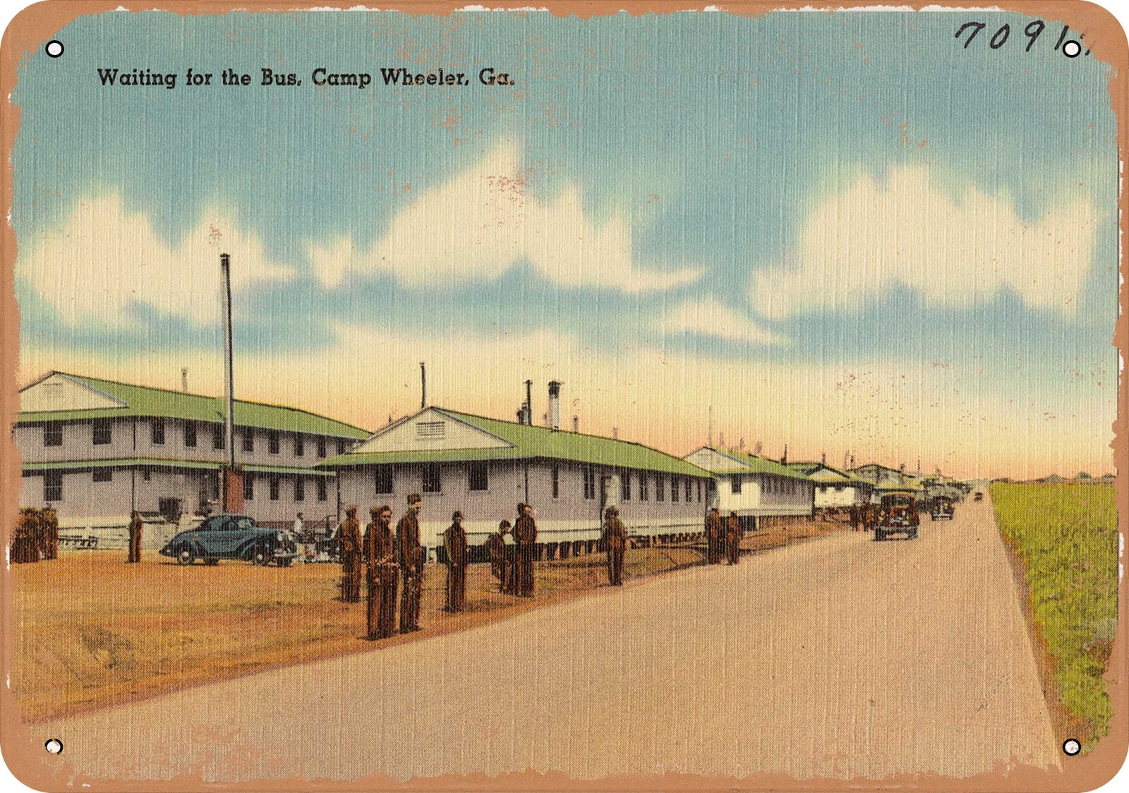 Metal Sign – Georgia Postcard – Waiting for the bus, Camp Wheeler, Ga.