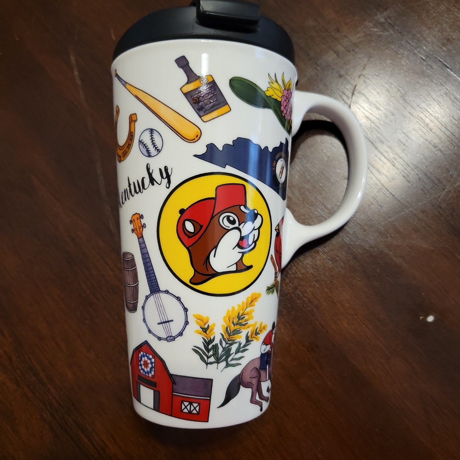 Buc-ees 17 Oz Ceramic Scenes Of Kentucky Travel Mug Lid & Handle Souvenir Derby