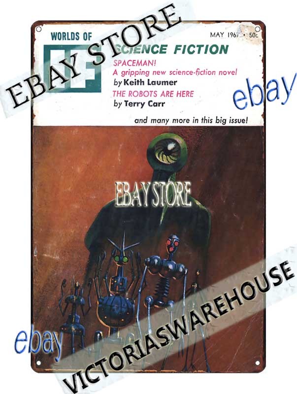 Tin Sign 1967 If Science Fiction Pulp Blue Alien Robot Cover room wall decor