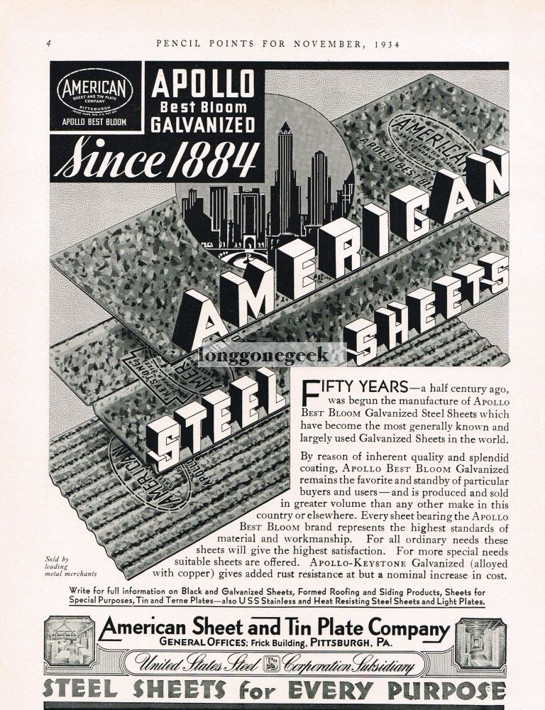 1934 American Sheet and Tin Plate Co. Apollo Galvanized Steel Vintage Ad