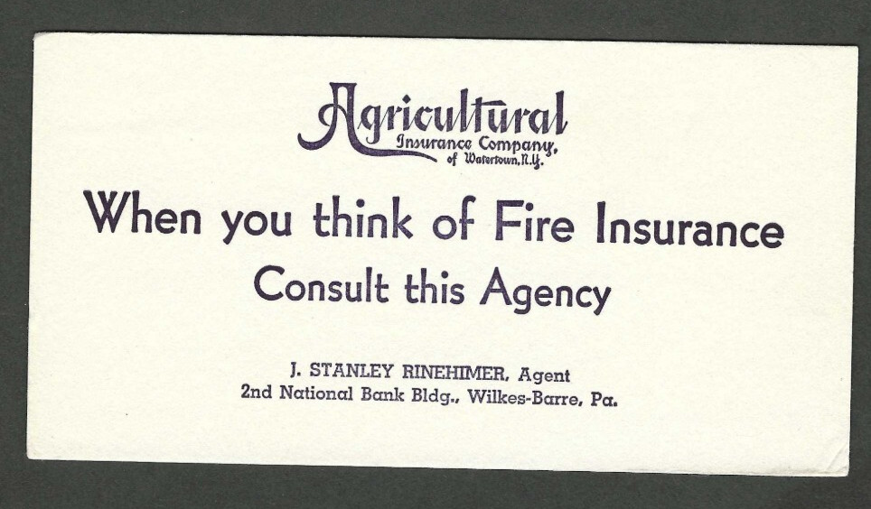 Old Blotter Agricultural Insurance Co Watertown NY Rinehimer Wilkes Barre PA