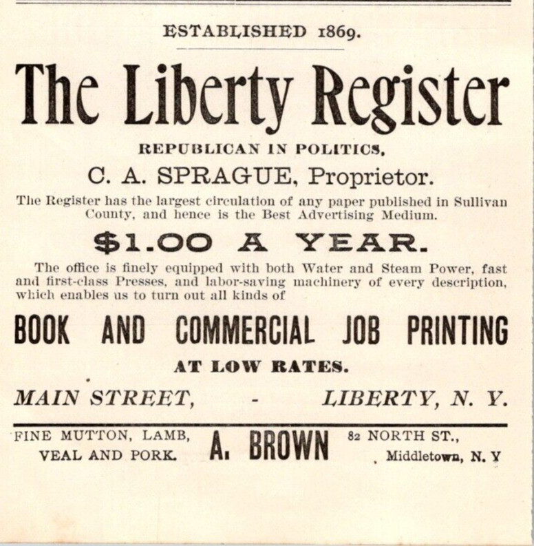 1900 THE LIBERTY REGISTER BOOK & COMMERCIAL JOB PRINTING C A SPRAGUE LIBERTY NY