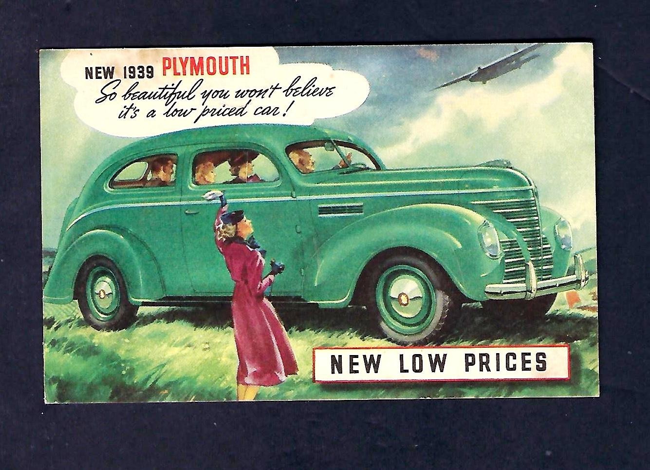 1939 Advertising Postcard, Antique Car, Plymouth Sedan, “New Low Price”