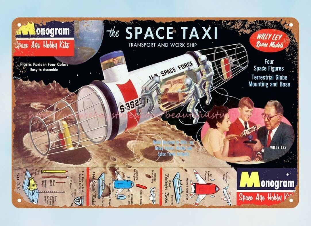 Monogram Space Taxi plastic model kit 1959 old toy ads metal tin sign wall art