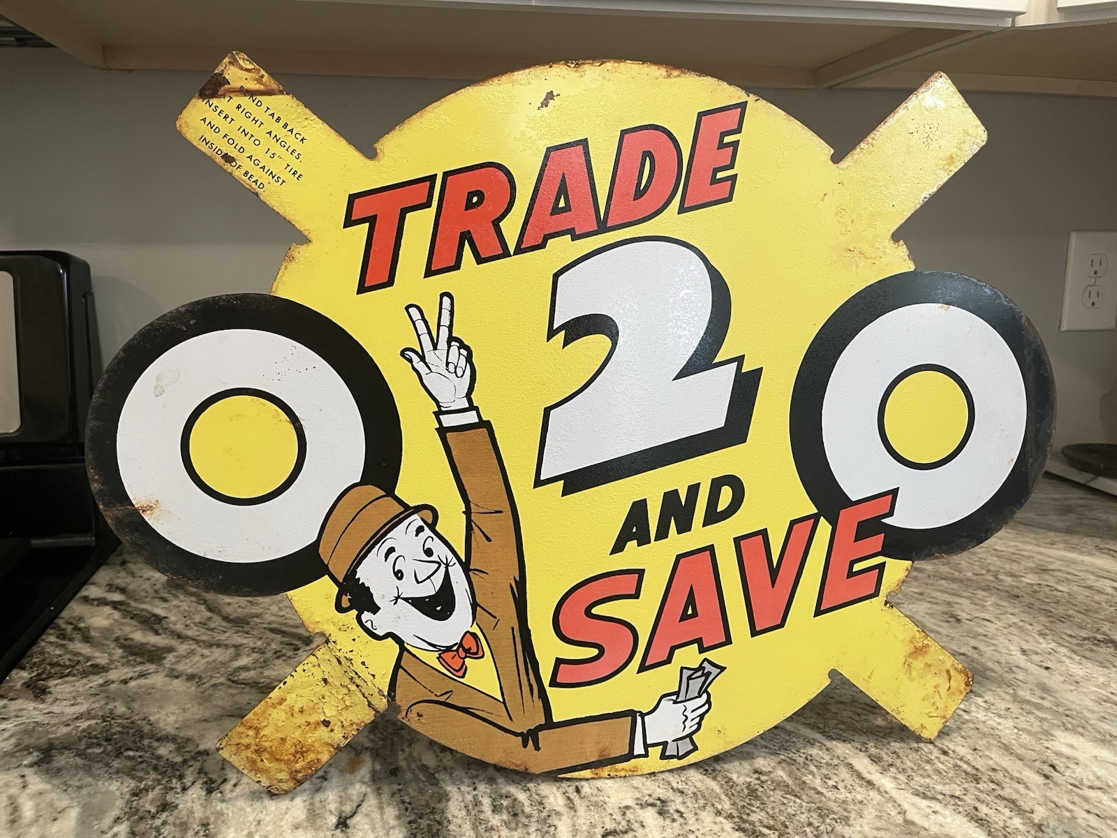 Vtg Unusual Tire Tin Sign Trade 2 And Save Goodyear Firestone Goodrich Gas Oil