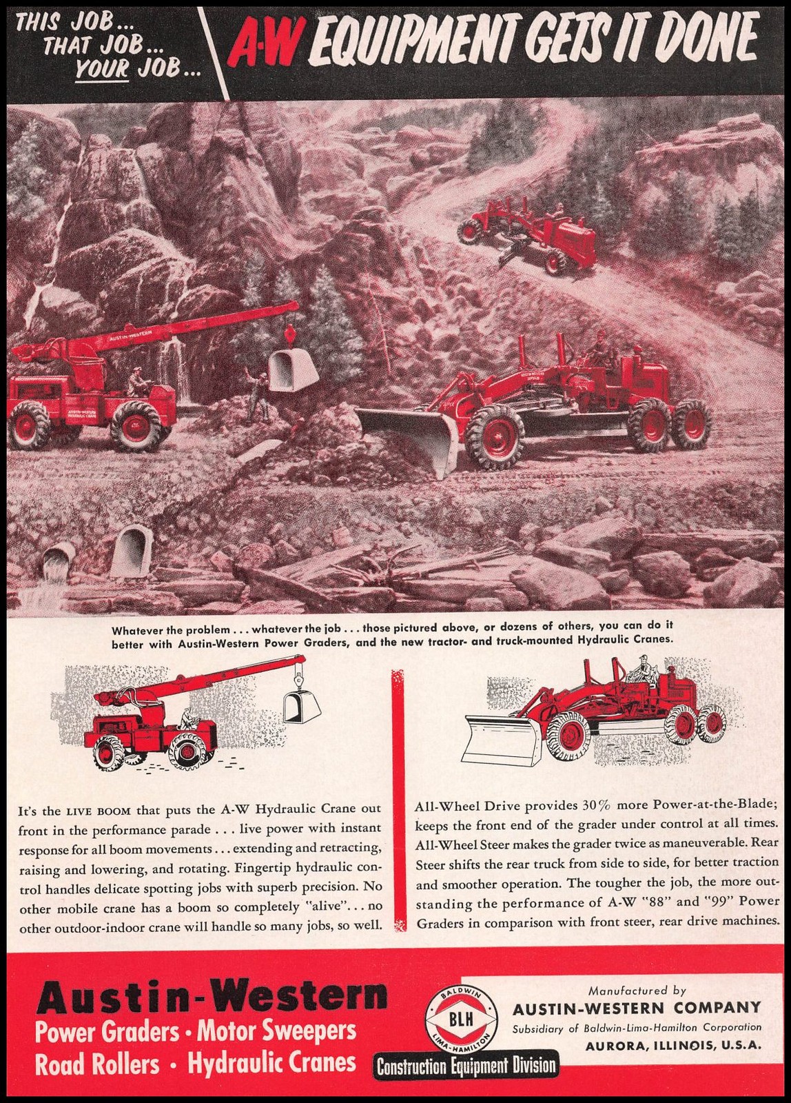 1955 Austin Western Co. Aurora Illinois Power Grader & Hydraulic Crane Print Ad