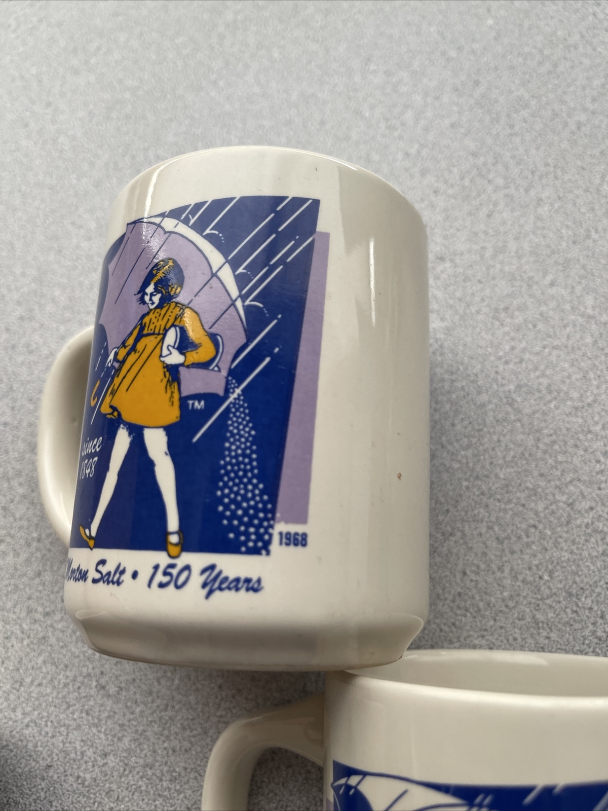 Vintage Morton Salt Coffee Mugs 1914 1921 1968 Umbrella Bryan China Rains Pours