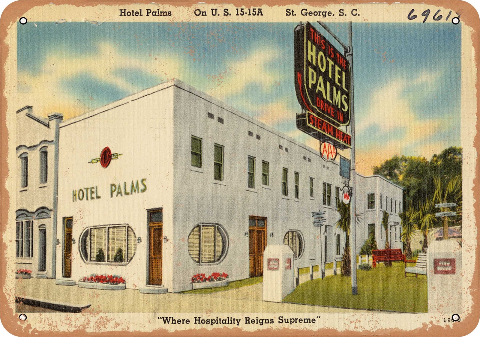 METAL SIGN – South Carolina Postcard – Hotel Palms, on U.S. 15 – 15A, St. Georg