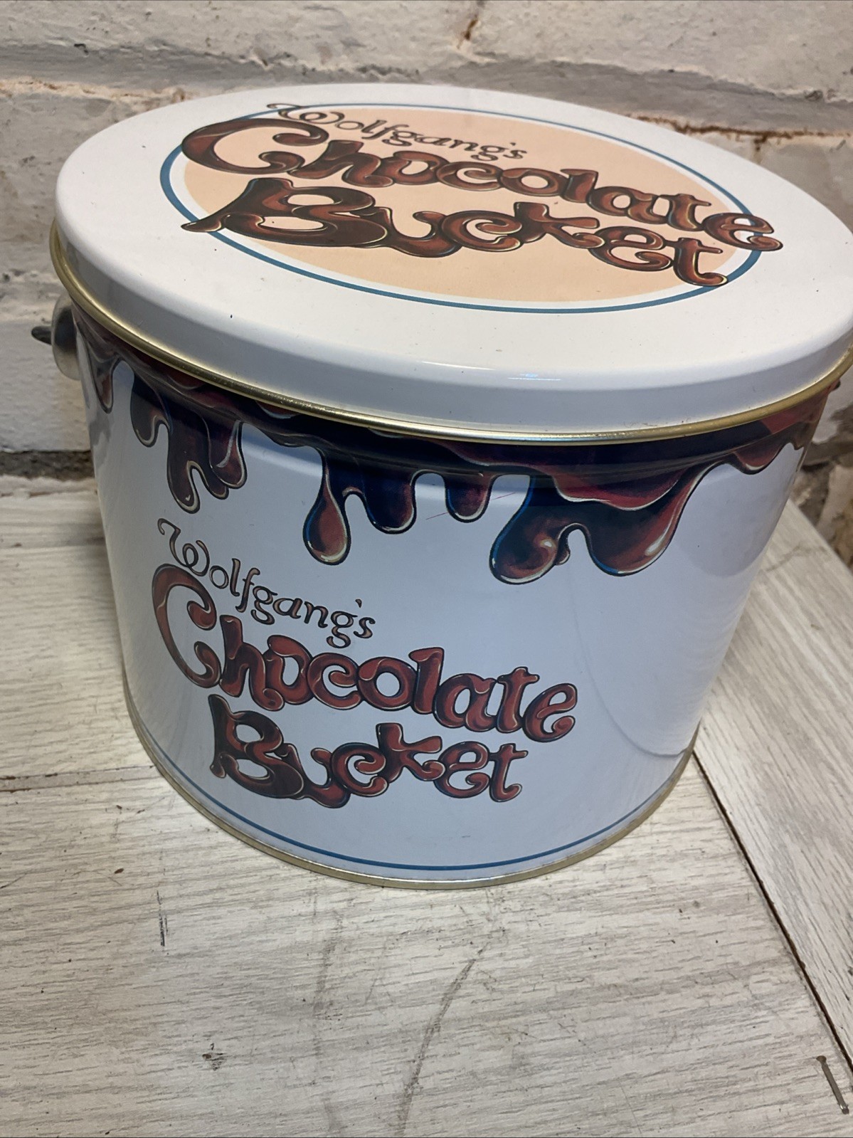 Wolfgang’s Chocolate Bucket with Handle Tin – Empty 7”x 5..5” Vtg Collectible