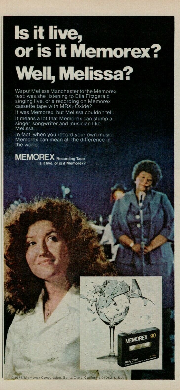 1977 Memorex Recording Tape Melissa Manchester Ella Fitzgerald Vintage Print Ad