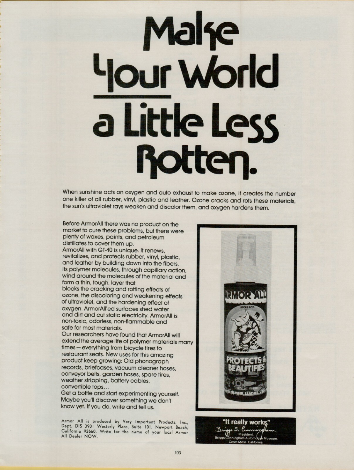 1975 Armor All Protects & Beautifies Less Rotten World Original Vintage Print Ad