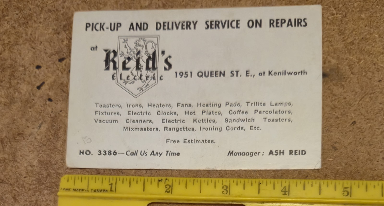 RARE VTG (TORONTO?) “REID’S ELECTRIC PICK AND DELIVERY SERVICE” INK BLOTTER-VG+