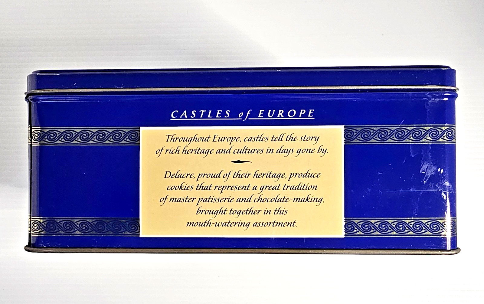 Vintage Delacre Cookie Tin with Pictures of European Castles 8 1/2″ x 9 1/4″