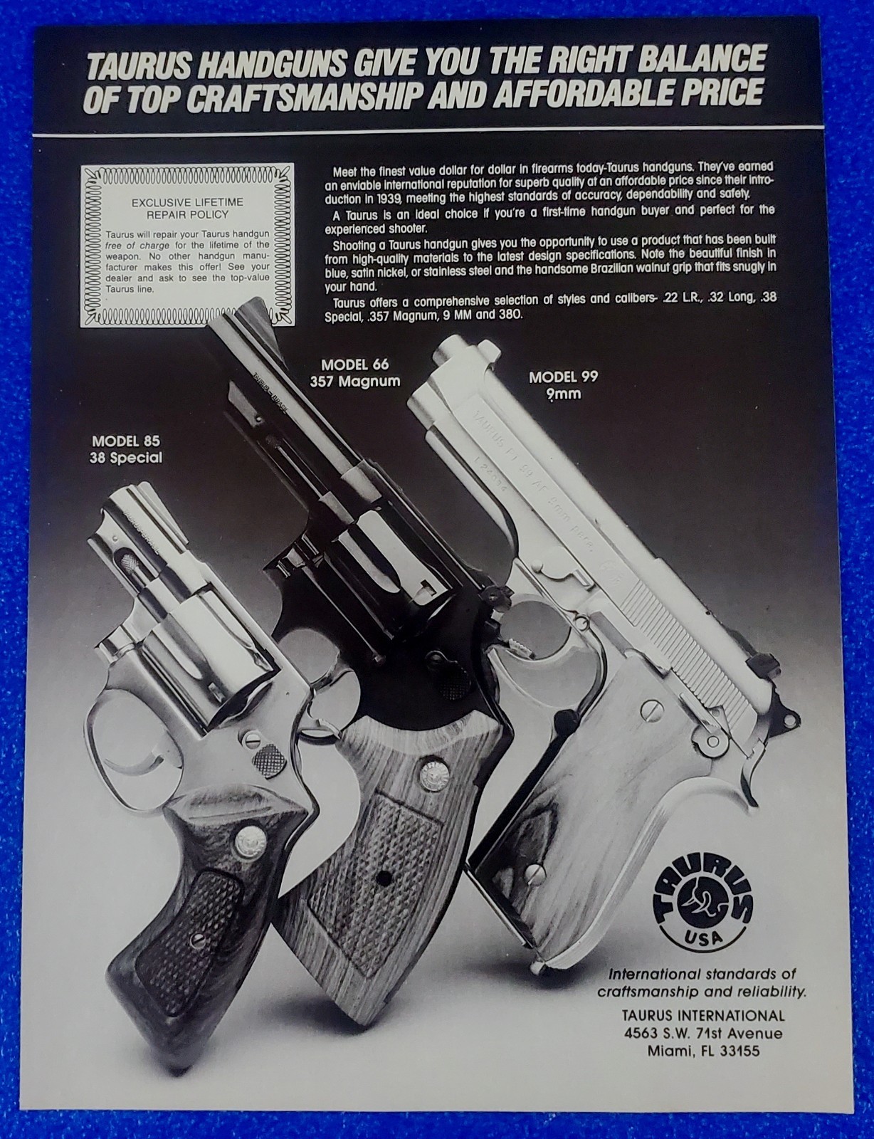 1987 TAURUS PRODUCT LINE-UP PISTOL / GUN / FIREARM / HUNTING ORIGINAL PRINT AD