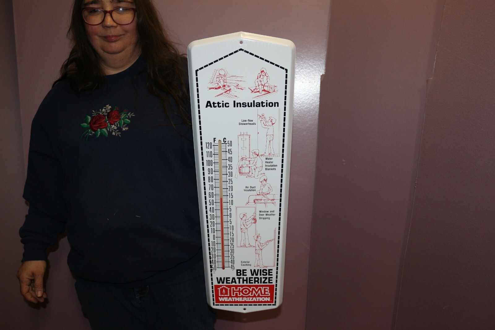 Vintage Home & Attic Insulation Carpenter 24″ Metal Thermometer Sign WORKS