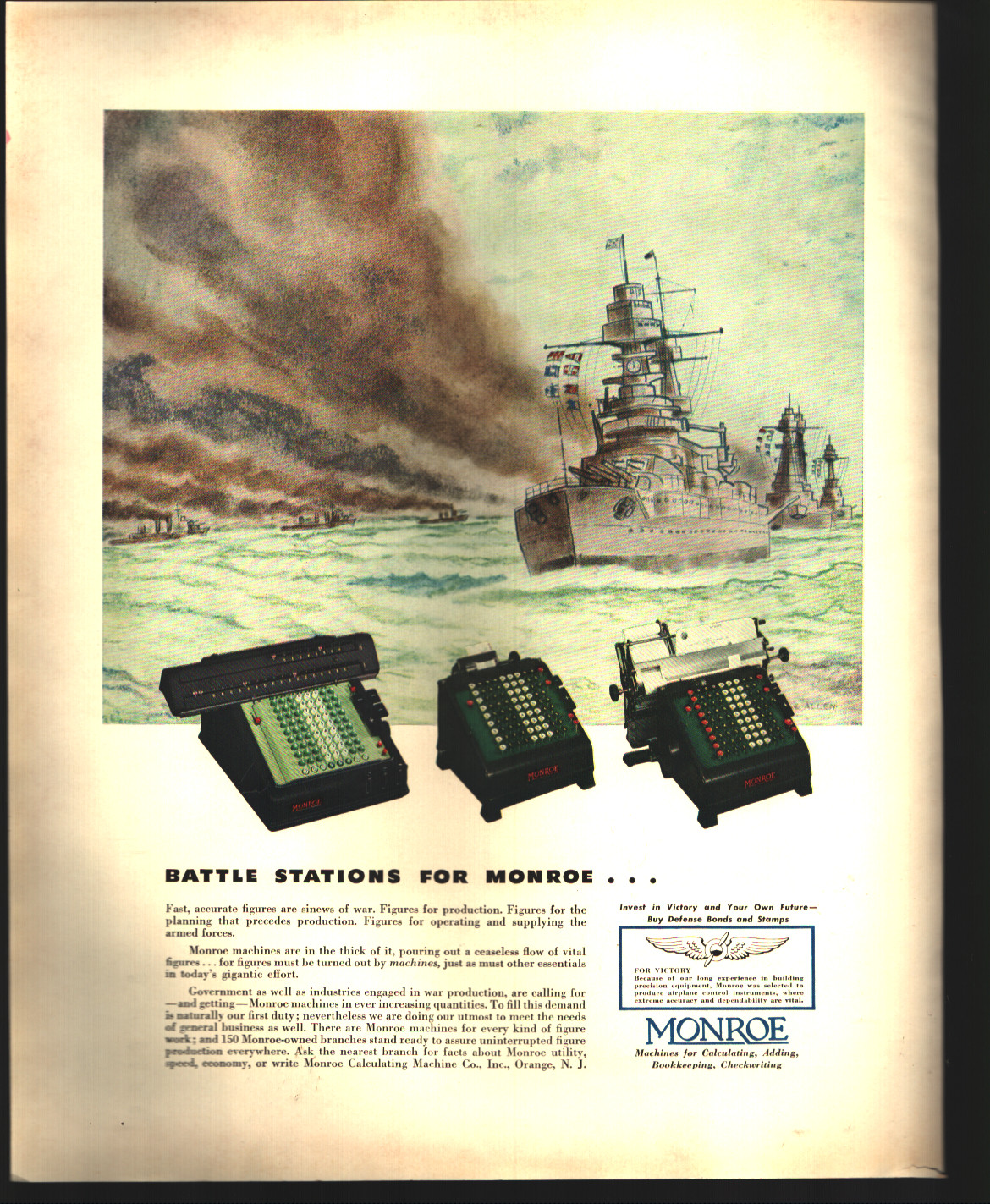 1942 Monroe Adding Machines Fortune WW2 Print Ad Q2 Battleships U.S. Navy War