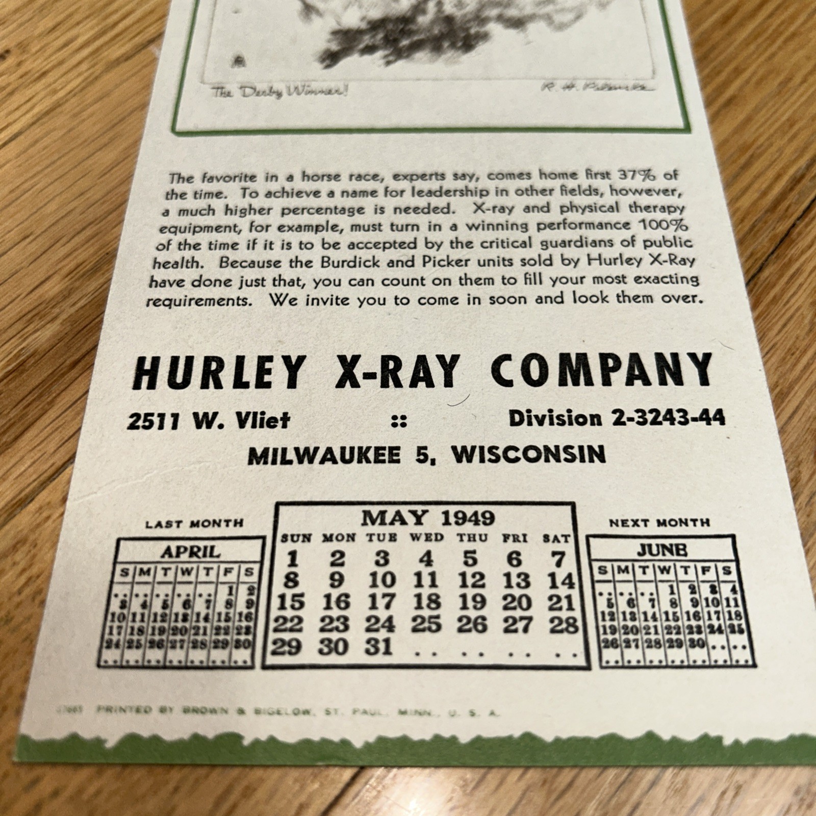 1949 Blotter THE DERBY WINNER by R.H. Palenske HURLEY X-RAY, Milwaukee