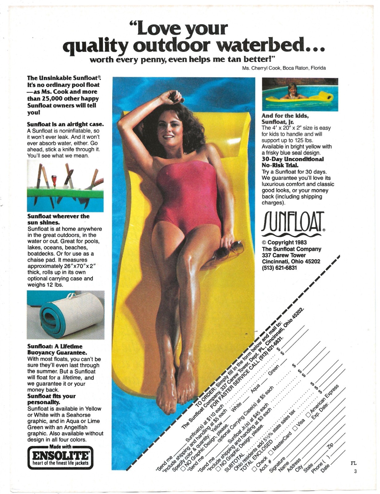 Vintage Print Ad Sunfloat Non-Inflatable Pool Float – Helps You Tan Better 1983