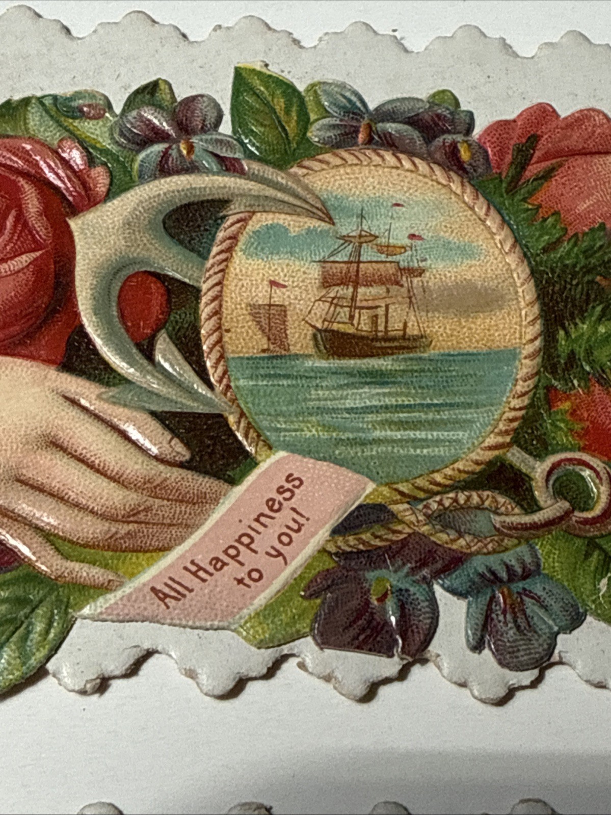 2 EDWIN YOUNG Peekaboo Hand Rose Die cut Victorian Calling Card 1880 Ship Anchor