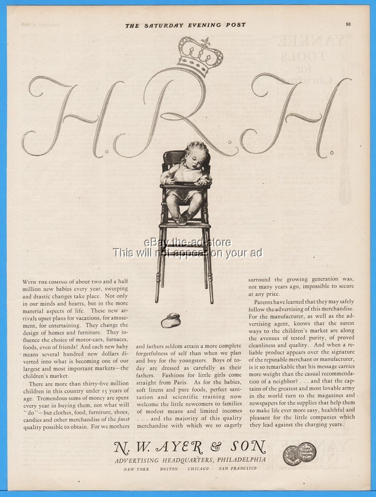 1926 NW Ayer & Son Advertising HRH Baby Asleep In High Chair Marketing Ad