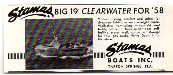 1958 Vintage Ad Stamas Big 19′ Clearwater Boats for ’58 Tarpon Springs,FL